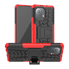 Funda Bumper Silicona y Plastico Mate Carcasa con Soporte R06 para Xiaomi Mi 11 5G Rojo