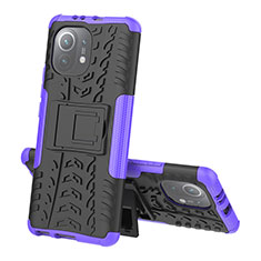 Funda Bumper Silicona y Plastico Mate Carcasa con Soporte R07 para Xiaomi Mi 11 5G Morado