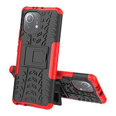 Funda Bumper Silicona y Plastico Mate Carcasa con Soporte R07 para Xiaomi Mi 11 5G Rojo