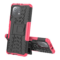 Funda Bumper Silicona y Plastico Mate Carcasa con Soporte R07 para Xiaomi Mi 11 Lite 4G Rosa Roja