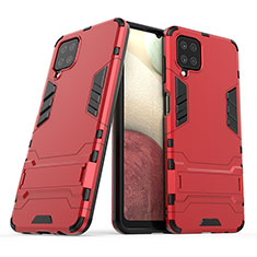 Funda Bumper Silicona y Plastico Mate Carcasa con Soporte T02 para Samsung Galaxy A12 Rojo