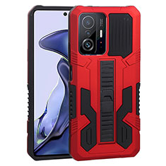 Funda Bumper Silicona y Plastico Mate Carcasa con Soporte ZJ1 para Xiaomi Mi 11T 5G Rojo