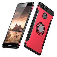 Funda Bumper Silicona y Plastico Mate con Anillo de dedo Soporte para Huawei P9 Plus Rojo