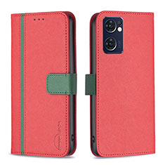 Funda de Cuero Cartera con Soporte Carcasa B13F para Oppo Reno7 5G Rojo