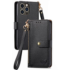 Funda de Cuero Cartera con Soporte Carcasa S07D para Apple iPhone 14 Pro Max Negro