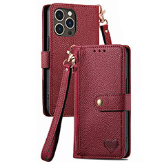 Funda de Cuero Cartera con Soporte Carcasa S07D para Apple iPhone 14 Pro Rojo