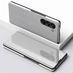 Funda de Cuero Cartera con Soporte Espejo Carcasa para Samsung Galaxy Z Fold5 5G Plata