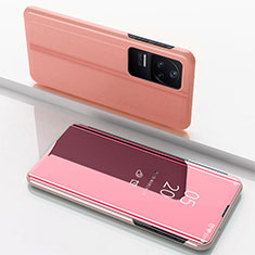 Funda de Cuero Cartera con Soporte Espejo Carcasa para Xiaomi Poco F4 5G Oro Rosa