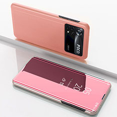 Funda de Cuero Cartera con Soporte Espejo Carcasa para Xiaomi Poco X4 Pro 5G Oro Rosa