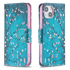 Funda de Cuero Cartera con Soporte Flores Carcasa L01 para Apple iPhone 14 Plus Cian