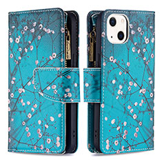 Funda de Cuero Cartera con Soporte Flores Carcasa L03 para Apple iPhone 13 Cian