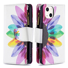 Funda de Cuero Cartera con Soporte Flores Carcasa L03 para Apple iPhone 14 Rosa