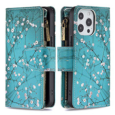 Funda de Cuero Cartera con Soporte Flores Carcasa para Apple iPhone 14 Pro Max Cian