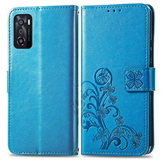 Funda de Cuero Cartera con Soporte Flores Carcasa para Oppo A55S 5G Azul