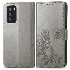 Funda de Cuero Cartera con Soporte Flores Carcasa para Oppo Reno6 Pro 5G India Gris