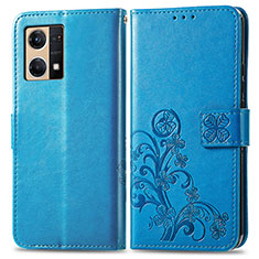 Funda de Cuero Cartera con Soporte Flores Carcasa para Oppo Reno8 4G Azul