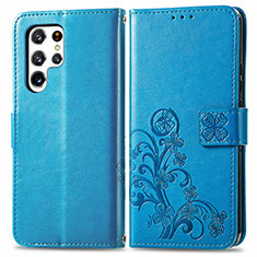 Funda de Cuero Cartera con Soporte Flores Carcasa para Samsung Galaxy S22 Ultra 5G Azul