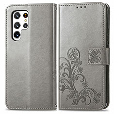 Funda de Cuero Cartera con Soporte Flores Carcasa para Samsung Galaxy S22 Ultra 5G Gris