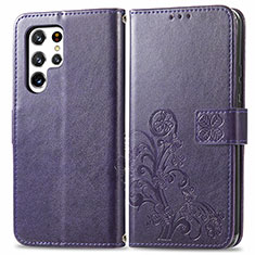 Funda de Cuero Cartera con Soporte Flores Carcasa para Samsung Galaxy S22 Ultra 5G Morado