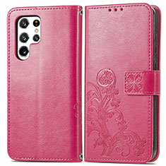 Funda de Cuero Cartera con Soporte Flores Carcasa para Samsung Galaxy S22 Ultra 5G Rojo