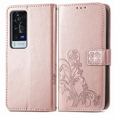 Funda de Cuero Cartera con Soporte Flores Carcasa para Vivo X60 Pro+ Plus 5G Rosa