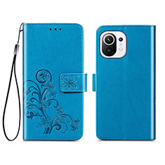 Funda de Cuero Cartera con Soporte Flores Carcasa para Xiaomi Mi 11 5G Azul
