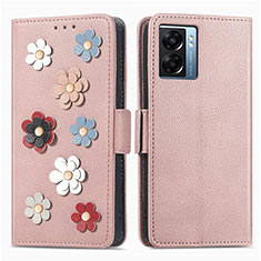 Funda de Cuero Cartera con Soporte Flores Carcasa S02D para Oppo A57 5G Oro Rosa