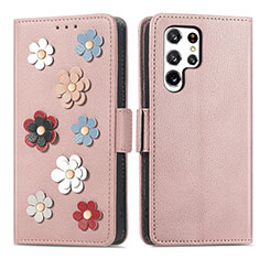 Funda de Cuero Cartera con Soporte Flores Carcasa S04D para Samsung Galaxy S22 Ultra 5G Oro Rosa