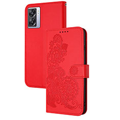 Funda de Cuero Cartera con Soporte Flores Carcasa Y01X para Oppo A57 5G Rojo