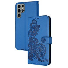 Funda de Cuero Cartera con Soporte Flores Carcasa Y01X para Samsung Galaxy S22 Ultra 5G Azul