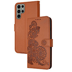 Funda de Cuero Cartera con Soporte Flores Carcasa Y01X para Samsung Galaxy S22 Ultra 5G Marron