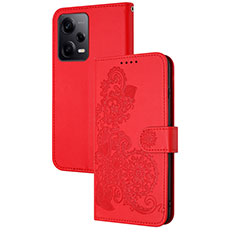 Funda de Cuero Cartera con Soporte Flores Carcasa Y01X para Xiaomi Redmi Note 12 Pro 5G Rojo