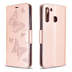 Funda de Cuero Cartera con Soporte Mariposa Carcasa B01F para Samsung Galaxy A21 Oro Rosa