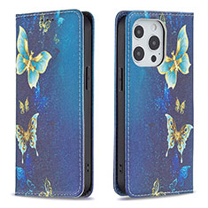 Funda de Cuero Cartera con Soporte Mariposa Carcasa L01 para Apple iPhone 14 Pro Azul