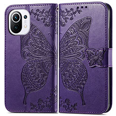 Funda de Cuero Cartera con Soporte Mariposa Carcasa L02 para Xiaomi Mi 11 5G Morado