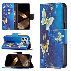 Funda de Cuero Cartera con Soporte Mariposa Carcasa L07 para Apple iPhone 14 Pro Max Azul