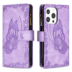 Funda de Cuero Cartera con Soporte Mariposa Carcasa L08 para Apple iPhone 13 Pro Max Morado