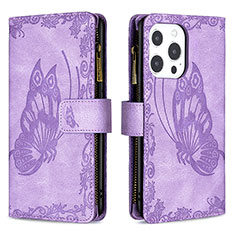 Funda de Cuero Cartera con Soporte Mariposa Carcasa L08 para Apple iPhone 14 Pro Max Morado