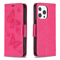 Funda de Cuero Cartera con Soporte Mariposa Carcasa L09 para Apple iPhone 14 Pro Max Rosa Roja