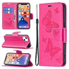 Funda de Cuero Cartera con Soporte Mariposa Carcasa L09 para Apple iPhone 14 Rosa Roja