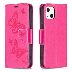 Funda de Cuero Cartera con Soporte Mariposa Carcasa L09 para Apple iPhone 15 Plus Rosa Roja