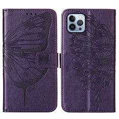 Funda de Cuero Cartera con Soporte Mariposa Carcasa L10 para Apple iPhone 13 Pro Max Morado