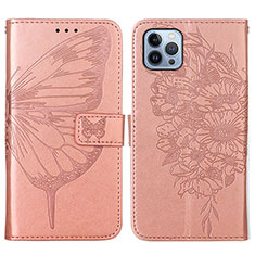 Funda de Cuero Cartera con Soporte Mariposa Carcasa L10 para Apple iPhone 15 Pro Max Oro Rosa