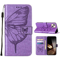 Funda de Cuero Cartera con Soporte Mariposa Carcasa L10 para Apple iPhone 15 Purpura Claro