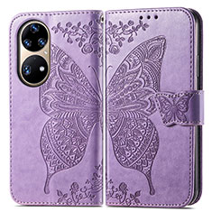 Funda de Cuero Cartera con Soporte Mariposa Carcasa para Huawei P50 Purpura Claro