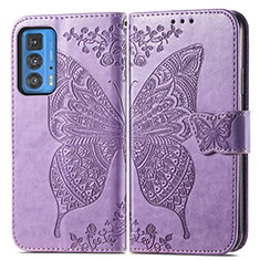 Funda de Cuero Cartera con Soporte Mariposa Carcasa para Motorola Moto Edge 20 Pro 5G Purpura Claro