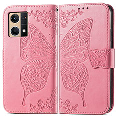 Funda de Cuero Cartera con Soporte Mariposa Carcasa para Oppo Reno8 4G Rosa Roja