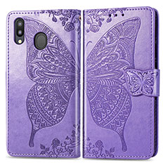 Funda de Cuero Cartera con Soporte Mariposa Carcasa para Samsung Galaxy M20 Purpura Claro