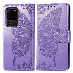 Funda de Cuero Cartera con Soporte Mariposa Carcasa para Samsung Galaxy S20 Ultra Purpura Claro