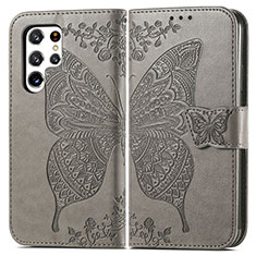 Funda de Cuero Cartera con Soporte Mariposa Carcasa para Samsung Galaxy S22 Ultra 5G Gris